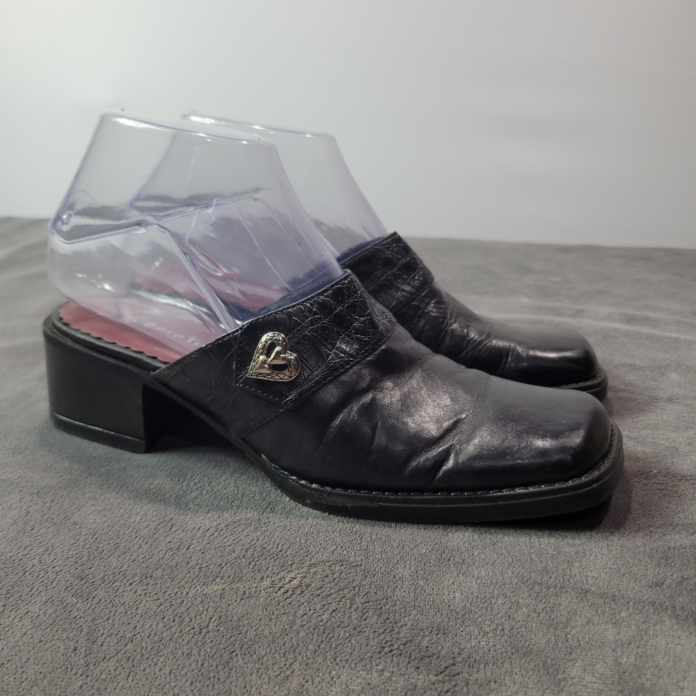 BareTraps Coupe Black Leather Mules Square Toe Block Heel Heart Detail Womens 6M